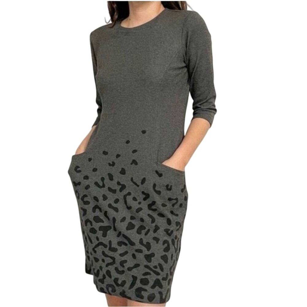 J. McLAUGHLIN Catalyst Dress Gray Leopard Print 3/4 Sleeves Pockets - Sz Large